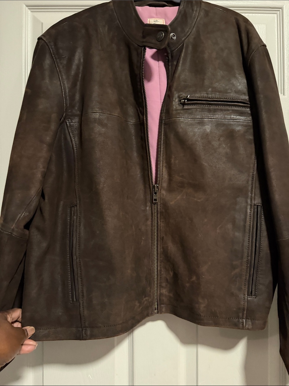 We The Free Women’s Brown Leather Moto Jacket with Pink Lining